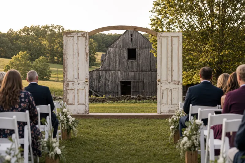 Vintage Door Arch set up for a ceremony in front of a barn